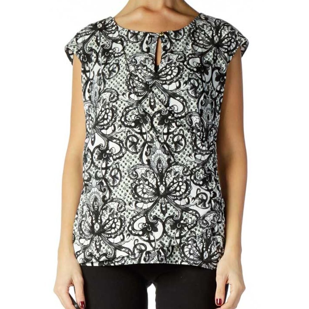 Calvin Klein Black White Lace Print Blouse - Picture 1 of 3